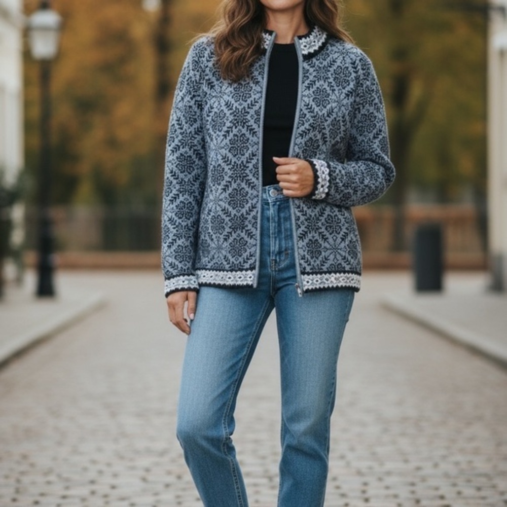 L.L BEAN Bean Cardigan Sweater Womens Small Norwegian Zip Up Snowflake